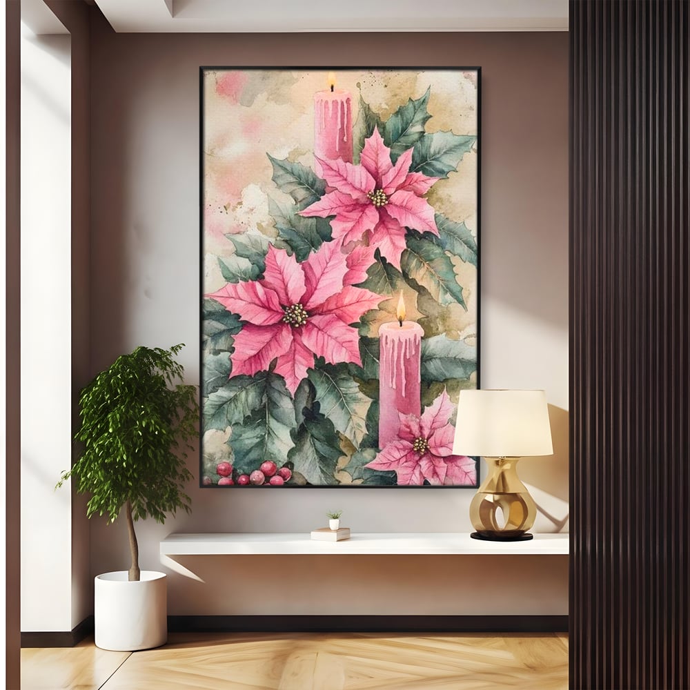 Tablou canvas cu tablou cu lumanari si flori poinsettia, in rama de aluminiu negru